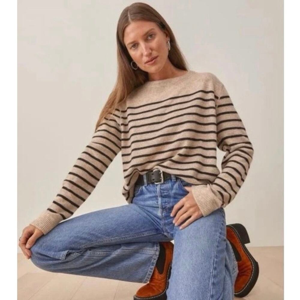 Reformation Cashmere Boyfriend Oatmeal Stripe Crew Neck Relaxed Sweater - Large